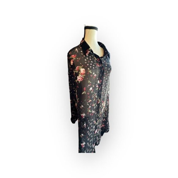 Women’s Reitmans 2x Black Floral Semi Sheer Button Down Long Sleeve Tunic - Picture 7 of 8
